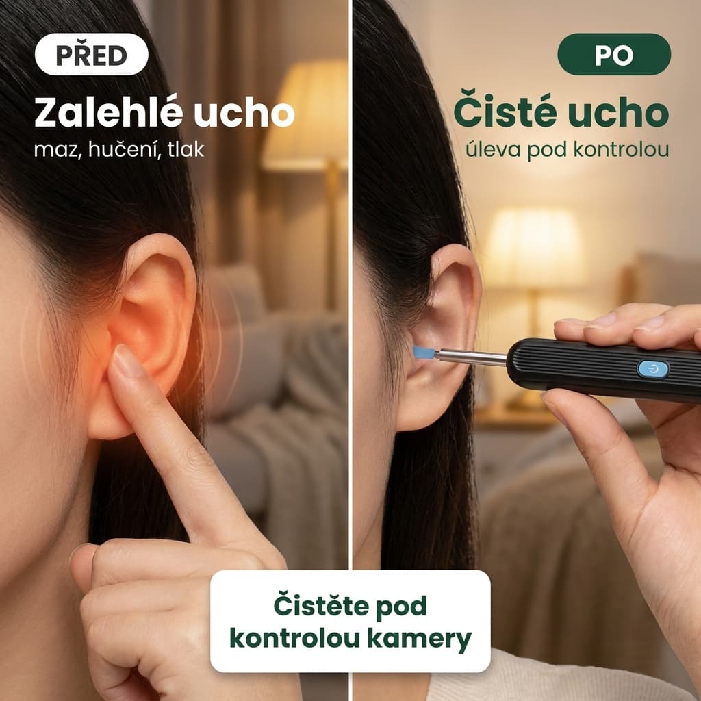 Čistič uší s kamerou před a po – zalehlé a čisté ucho